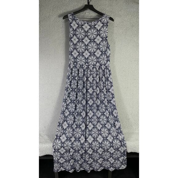Essentials Sleeveless Navy White Patterned‎ Maxi Dress Scoop Neck Size L - Picture 6 of 8